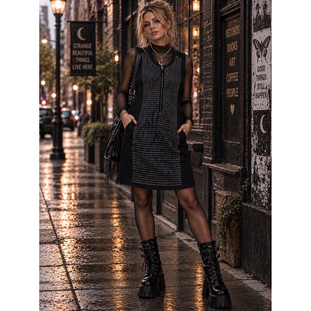 Worthington Black Faux Leather Shift  Dress Women's 12‎ Zip Front Gothic Mod